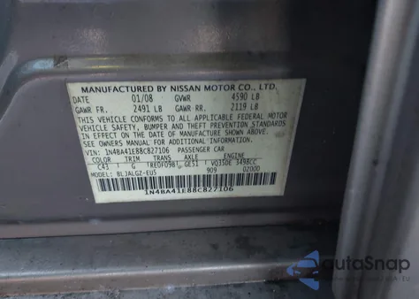 2008 Nissan Maxima 3.5 Sl from USA, damaged, VIN 1N4BA41E88C827106